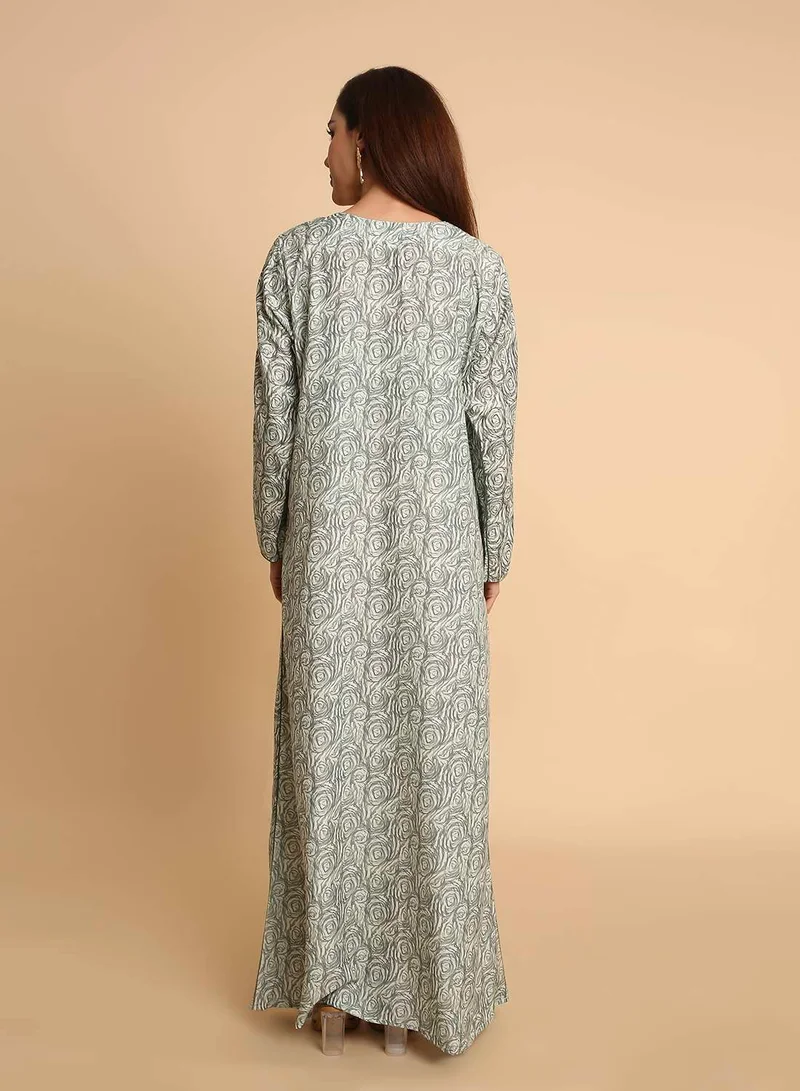 HANA & SARA Olive Green Rose Swirl Printed Arabic Jalabiya Dress for Women's